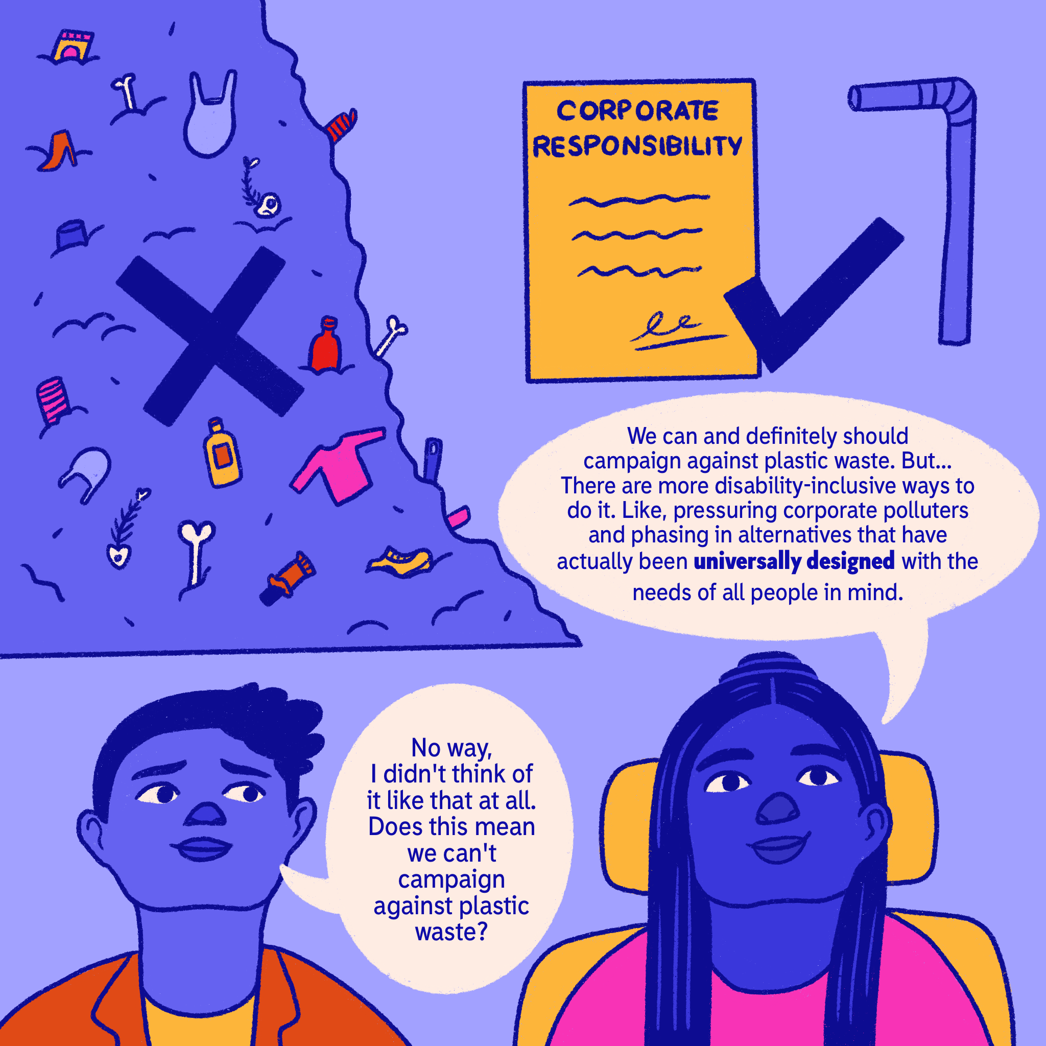 Comic panel 2: Disabled person explains that disability inclusive ways to campaign against plastic waste include pressuring corporate polluters and phasing in universally designed alternatives