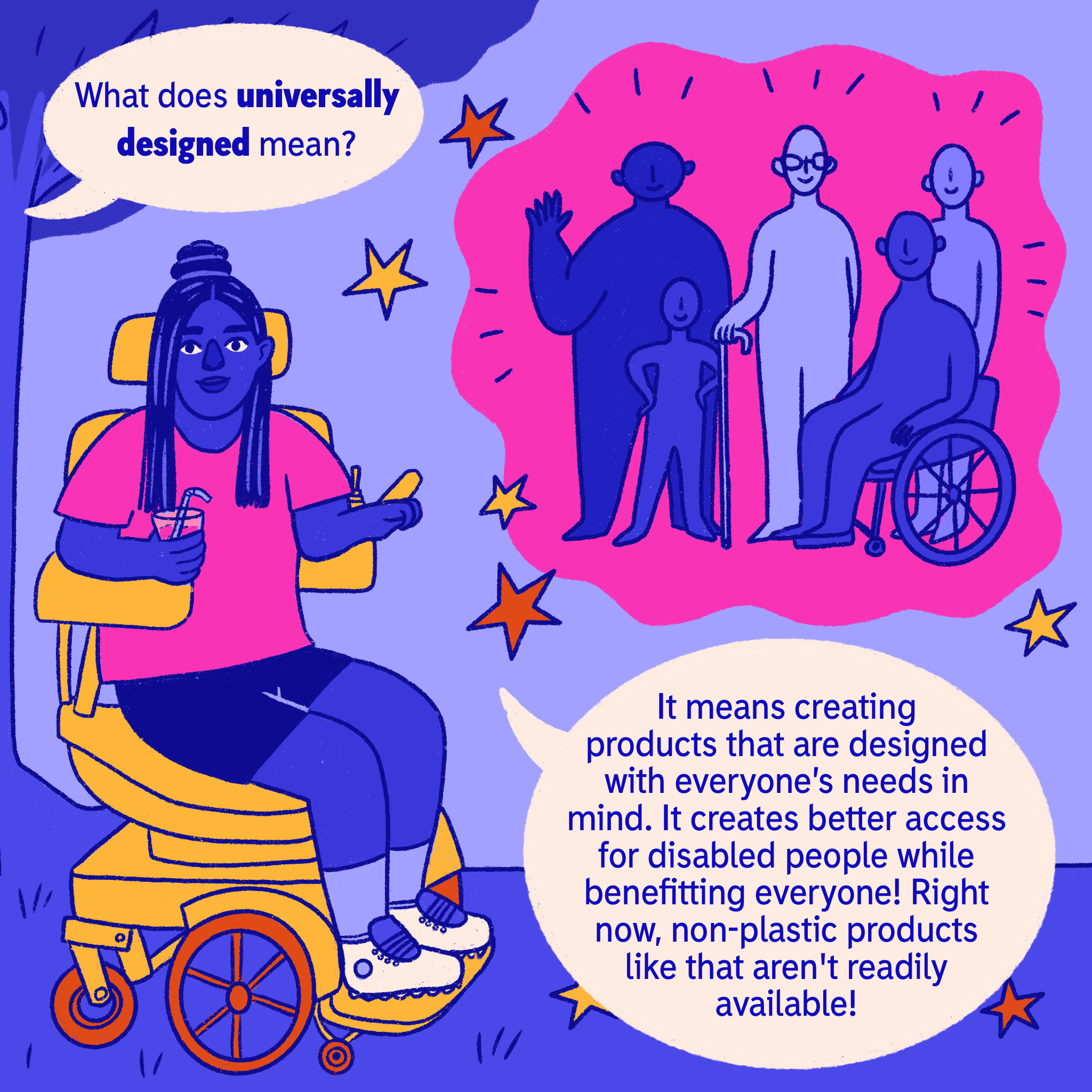 Comic panel 3: They explain that universally designed means creating products that are designed with everyone's needs in mind.